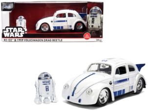 1959 Volkswagen Drag Beetle White with Graphics and R2-D2 Figure Star Wars Franchise Hollywood Rides Series 1/24 Diecast Model Car by Jada