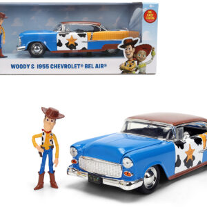 1955 Chevrolet Bel Air Blue with Graphics and Woody Diecast Figure Toy Story Franchise Hollywood Rides Series 1/24 Diecast Model Car by Jada