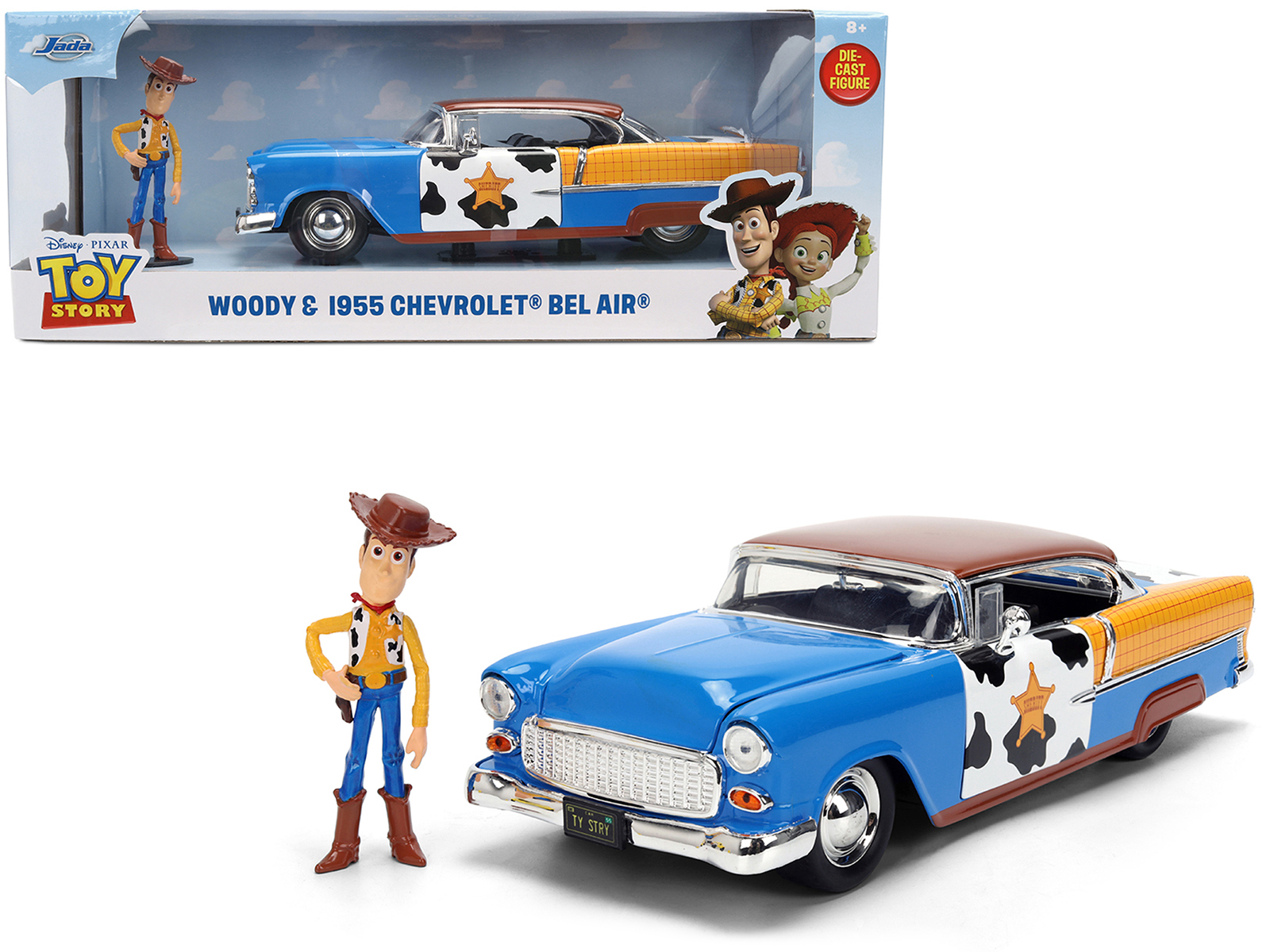 1955 Chevrolet Bel Air Blue with Graphics and Woody Diecast Figure Toy Story Franchise Hollywood Rides Series 1/24 Diecast Model Car by Jada