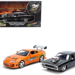 Dom's 1970 Dodge Charger R/T Black and Brian's Toyota Supra Orange with Graphics Set of 2 Cars Fast & Furious 25th Anniversary Fast & Furious Series 1/24 Diecast Model Cars by Jada