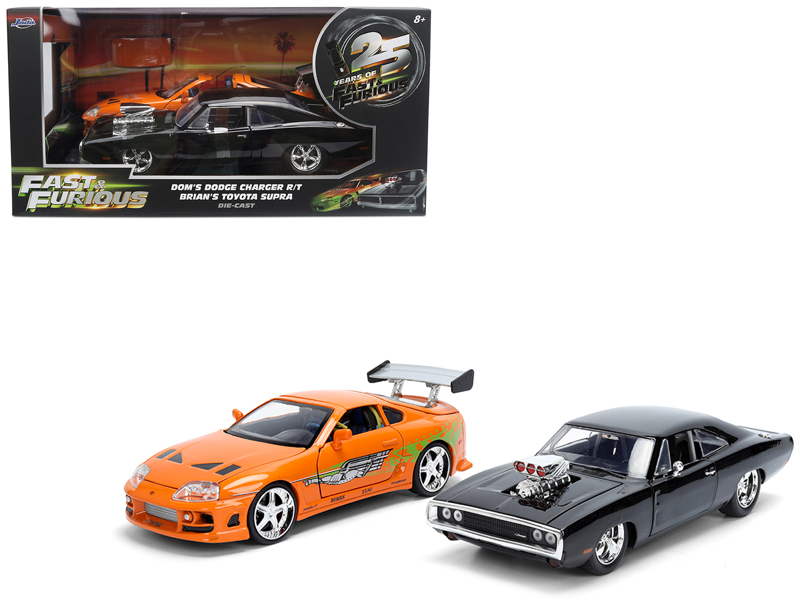 Dom's 1970 Dodge Charger R/T Black and Brian's Toyota Supra Orange with Graphics Set of 2 Cars Fast & Furious 25th Anniversary Fast & Furious Series 1/24 Diecast Model Cars by Jada