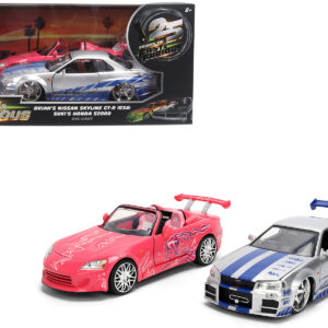 Brian's Nissan Skyline GT-R (R34) Silver Metallic with Blue Stripes and Suki's Honda S2000 Pink with Graphics Set of 2 Cars Fast & Furious 25th Anniversary Fast & Furious Series 1/24 Diecast Model Cars by Jada