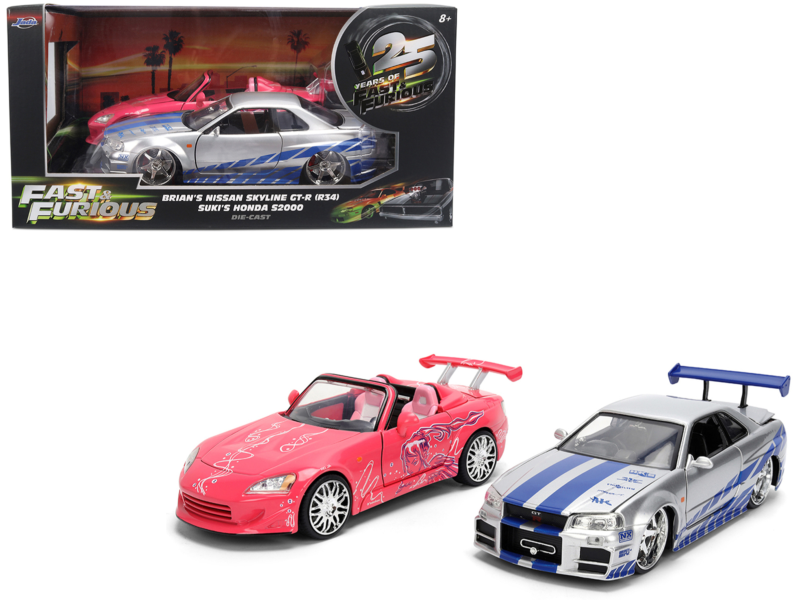 Brian's Nissan Skyline GT-R (R34) Silver Metallic with Blue Stripes and Suki's Honda S2000 Pink with Graphics Set of 2 Cars Fast & Furious 25th Anniversary Fast & Furious Series 1/24 Diecast Model Cars by Jada