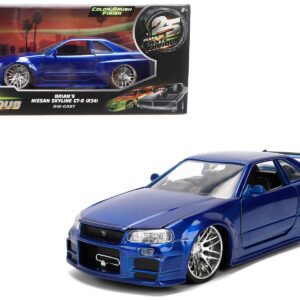 Brian's Nissan Skyline GT-R (R34) RHD (Right Hand Drive) Blue Color Brush Finish 25 Years of Fast & Furious Anniversary 2 Fast 2 Furious (2003) Movie Fast & Furious 1/24 Diecast Model Car by Jada