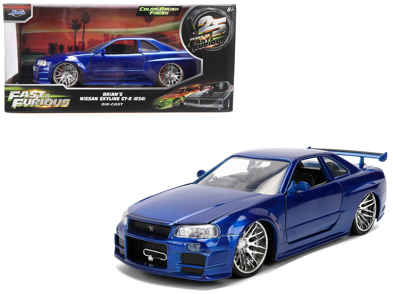 Brian's Nissan Skyline GT-R (R34) RHD (Right Hand Drive) Blue Color Brush Finish 25 Years of Fast & Furious Anniversary 2 Fast 2 Furious (2003) Movie Fast & Furious 1/24 Diecast Model Car by Jada