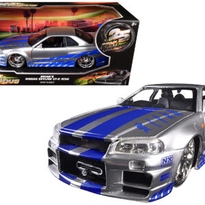 Brian's Nissan GTR Skyline R34 RHD (Right Hand Drive) Silver with Blue Stripes Fast & Furious 25th Anniversary 1/24 Diecast Model Car by Jada