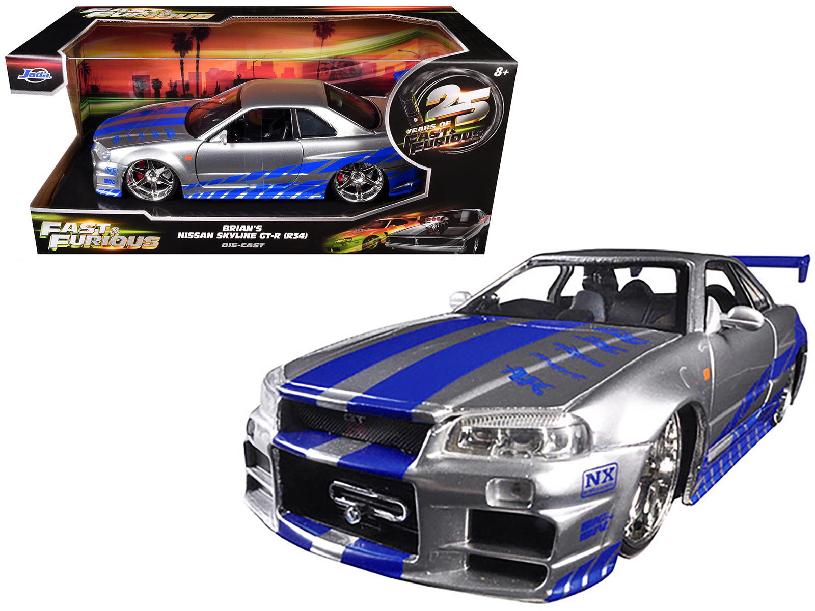 Brian's Nissan GTR Skyline R34 RHD (Right Hand Drive) Silver with Blue Stripes Fast & Furious 25th Anniversary 1/24 Diecast Model Car by Jada
