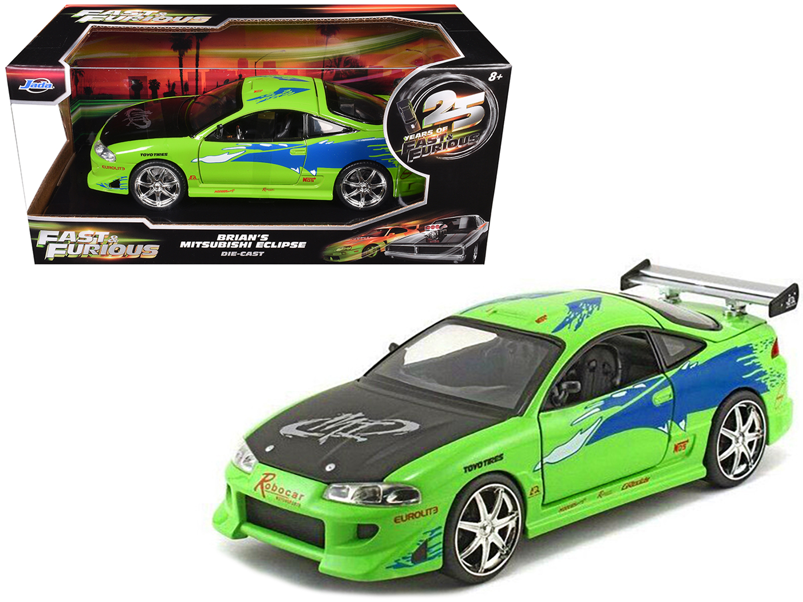 Brian's Mitsubishi Eclipse Green with Black Hood and Graphics The Fast and The Furious (2001) Movie 25 Years of Fast & Furious Series 1/24 Diecast Model by Jada