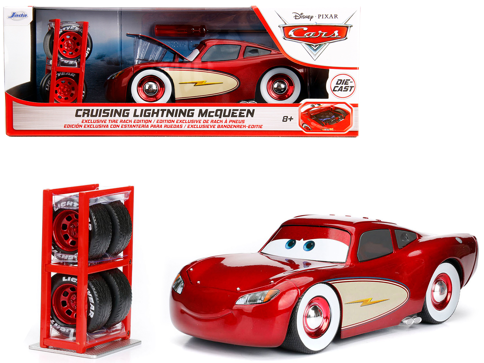 Cruising Lightning McQueen Red Metallic with Extra Wheels Disney & Pixar Cars Movie Hollywood Rides Series Diecast Model Car by Jada