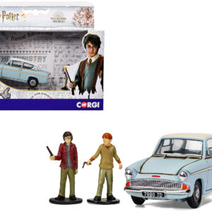 Flying Ford Anglia RHD (Right Hand Drive) Light Blue with White Top (Weathered) with Harry and Ron Figures "Harry Potter" Movie Series Diecast Model by Corgi