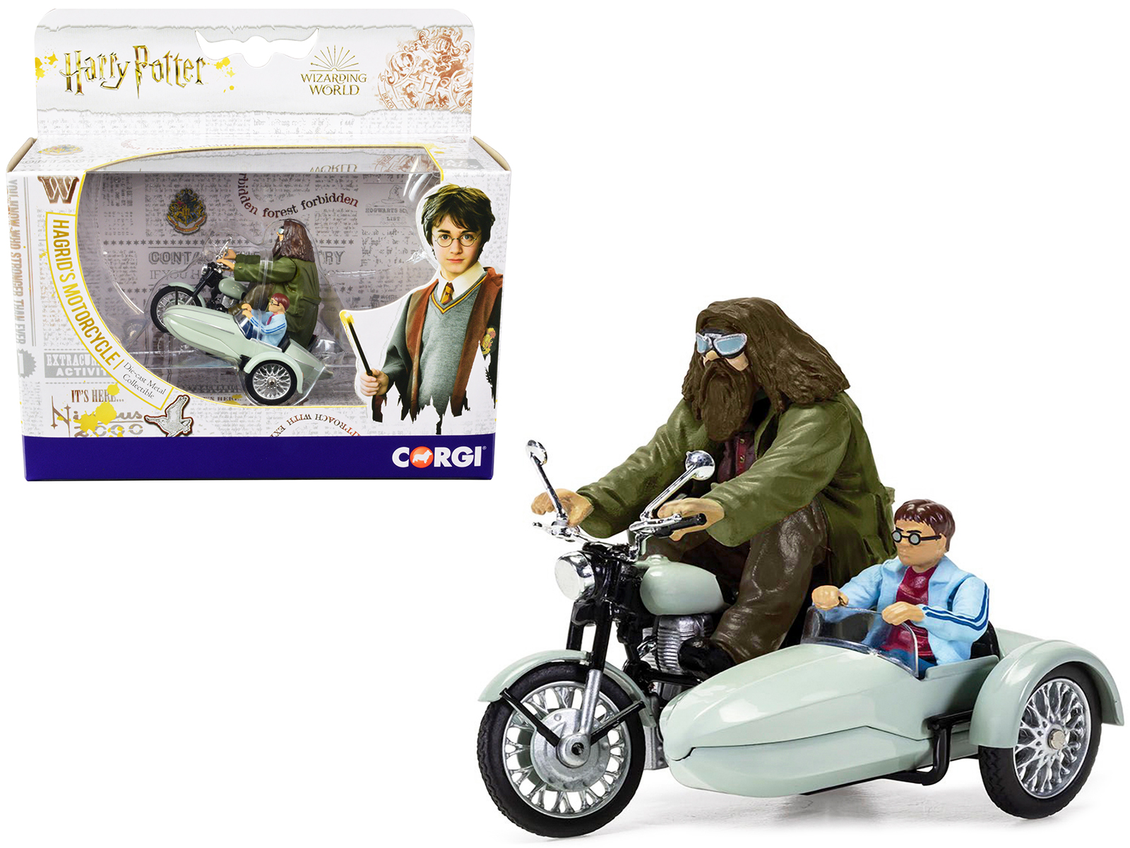 Motorcycle and Sidecar Light Green with Harry and Hagrid Figures Harry Potter and the Deathly Hallows Part 1 (2010) Movie Diecast Motorcycle Model by Corgi