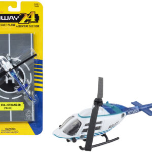 Bell 206 Jetranger Helicopter White and Blue Police-N70650 with Runway Section Diecast Model by Runway24