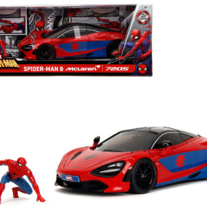 McLaren 720S Red and Blue with Black Top and Graphics and Spider-Man Diecast Figure Marvel Spider-Man Hollywood Rides Series 1/24 Diecast Model Car by Jada