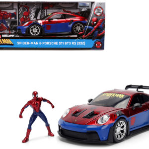 Porsche 911 GT3 RS (992) Red and Blue with Graphics and Spider-Man Diecast Figure Marvel Spider-Man Hollywood Rides Series 1/24 Diecast Model Car by Jada