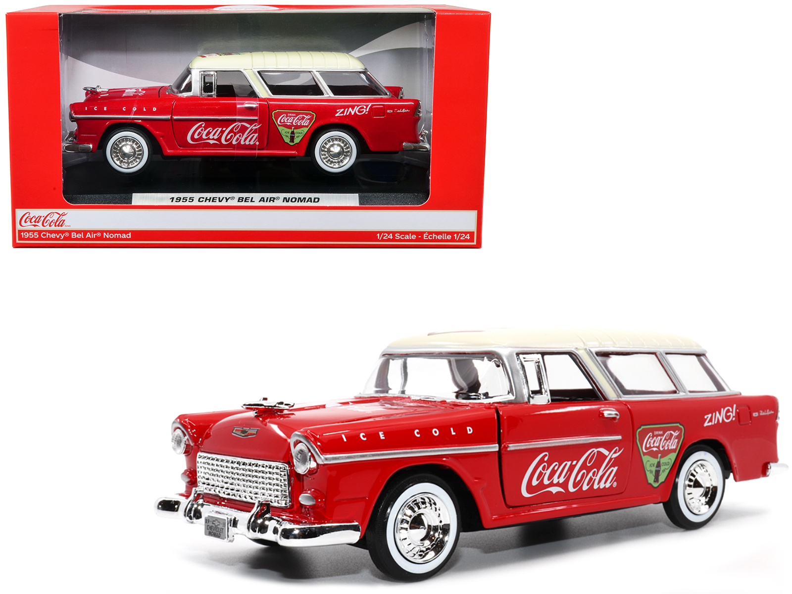 1955 Chevrolet Bel Air Nomad Red with White Top Coca-Cola 1/24 Diecast Model Car by Motor City Classics