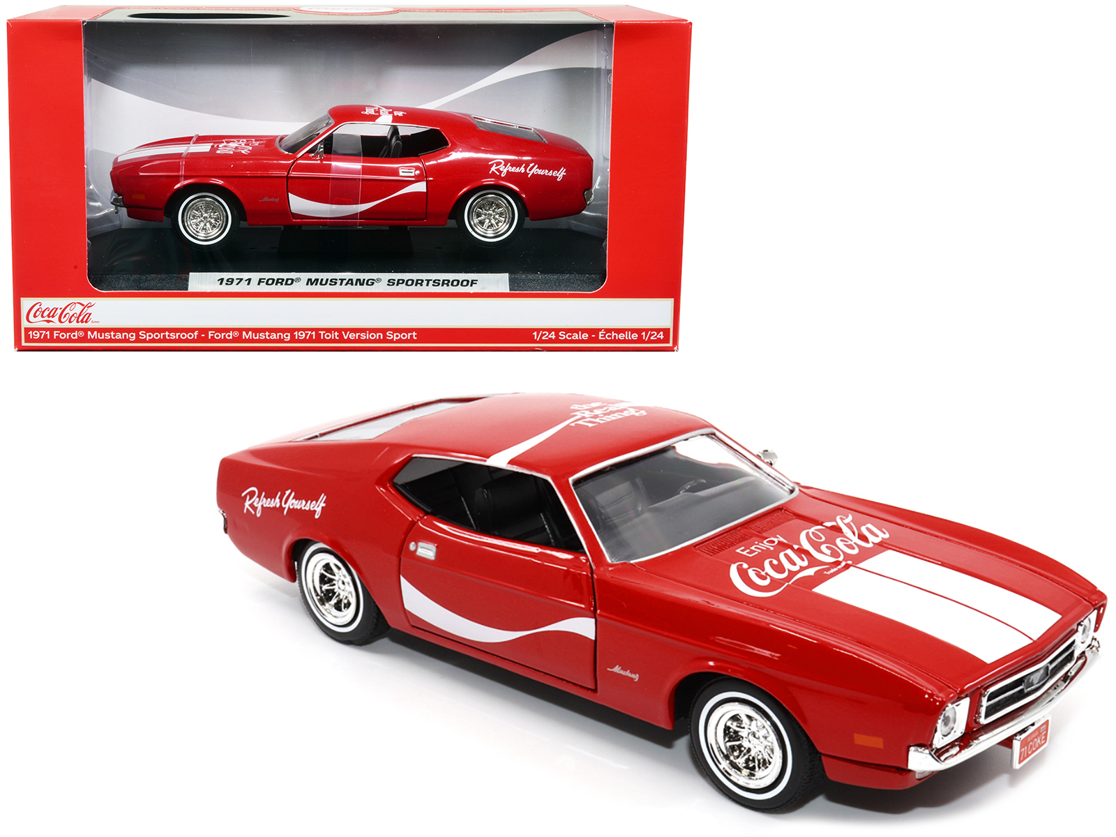 1971 Ford Mustang Sportsroof Red with White Stripes Refresh Yourself - Coca-Cola 1/24 Diecast Model Car by Motor City Classics