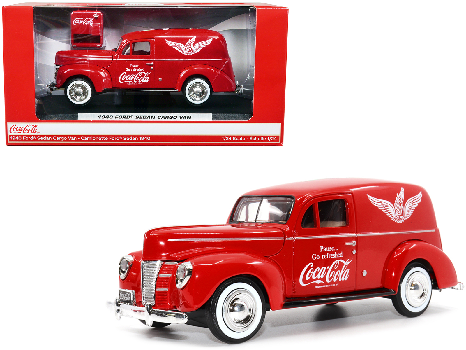 1940 Ford Sedan Cargo Van Red Pause... Go Refreshed Coca-Cola with Vending Machine Accessory 1/24 Diecast Model Car by Motor City Classics